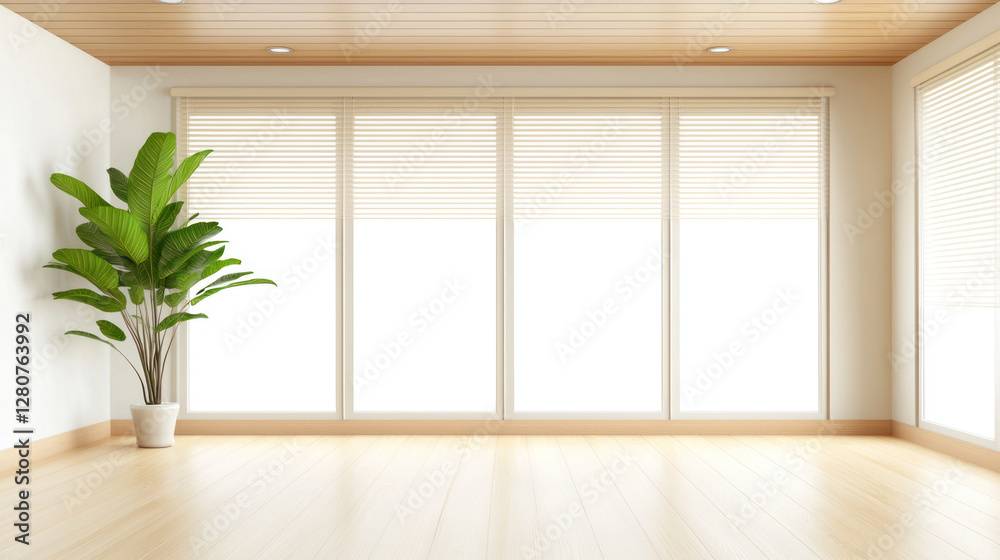 Fototapeta premium Bright modern interior with wooden ceiling, large windows, and potted plant