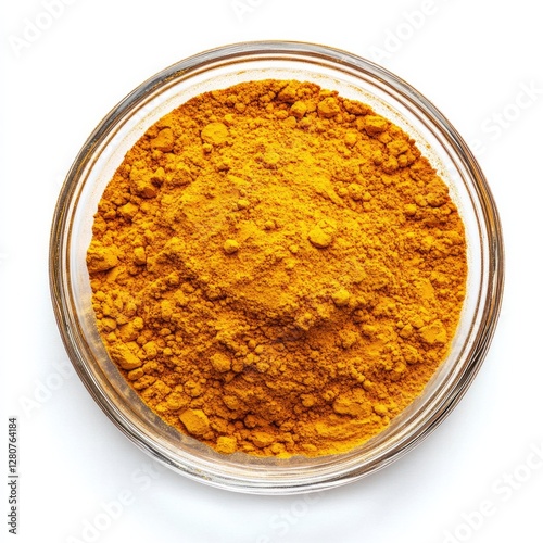 Turmeric powder in a glass bowl top view