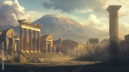 atmospheric view of the ancient ruins of Pompeii, Italy, with Mount Vesuvius looming in the background.