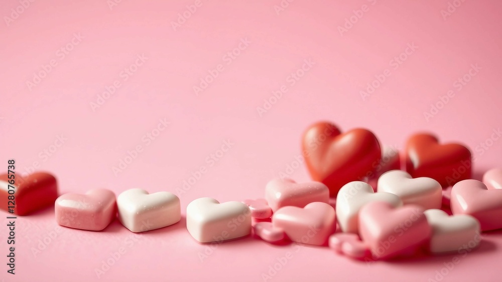 Romantic heart candies border on pink backdrop for valentines day Romantic heart candies border on pink backdrop for valentines day