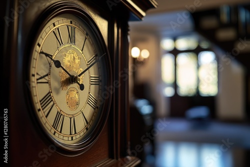 A detailed view of a clock face featuring Roman numeral markings, ideal for use in designs requiring precision timekeeping or vintage flair