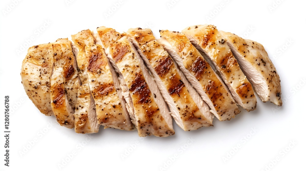 Plain grilled chicken breast slices with black pepper spice, top down view, white background Plain grilled chicken breast slices with black pepper spice, top down view, white background