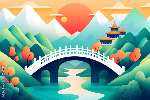 Beautiful ancient bridge verandah Chinese style hand-painted illustrations, Chinese style ancient building posters photo