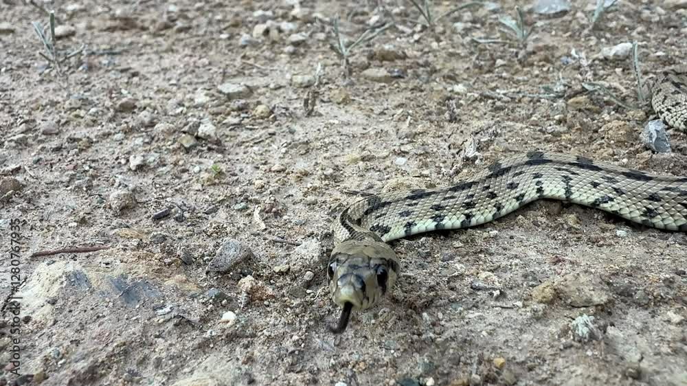 Closeup view of a viperine water snake resting stll on a sandy ground outdoor. 4K Closeup view of a viperine water snake resting stll on a sandy ground outdoor. 4K