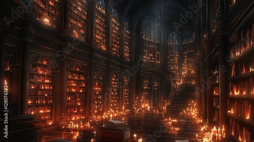 A secret library with endless shelves of glowing spellbooks and floating candles photo