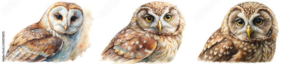 Naklejka premium Realistic owl illustrations, watercolor style, detailed feathers, nature theme, wildlife art, educational purposes.