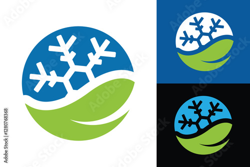 The image shows a flat logo design of a snowflake and a green leaf in round shape that looks clean and modern on a white background.