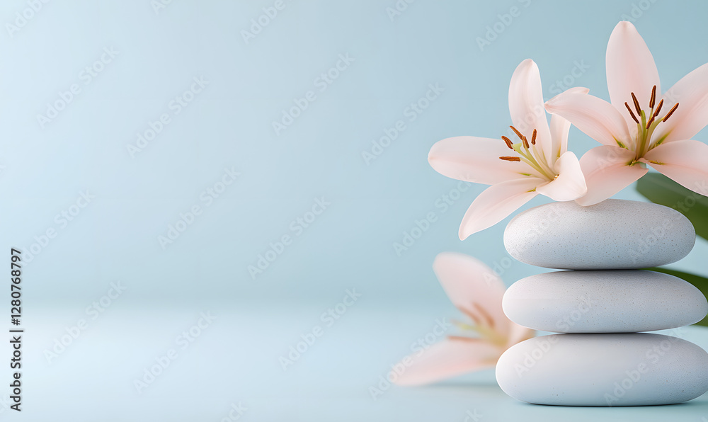 Spa still life with zen stones and flowers, yoga meditation concept illustration background Spa still life with zen stones and flowers, yoga meditation concept illustration background