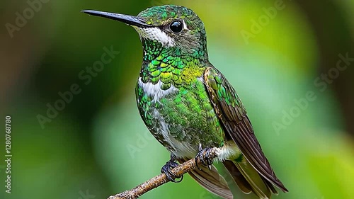 Colorful hummingbird perched on branch in vibrant green forest photo