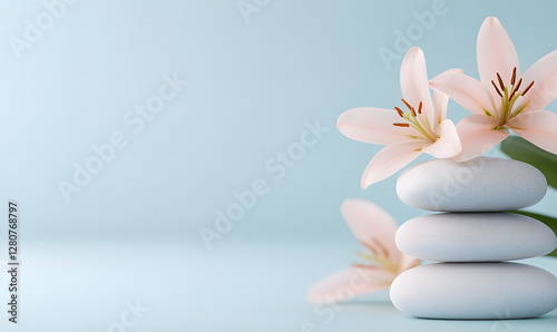 Spa still life with zen stones and flowers, yoga meditation concept illustration background