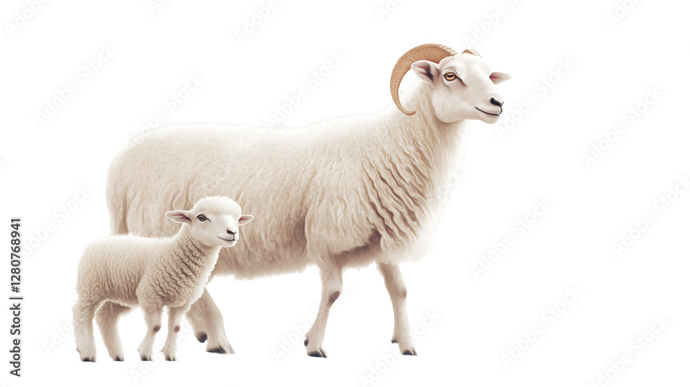 Fototapeta premium Standing ewe and lamb on a transparent background.