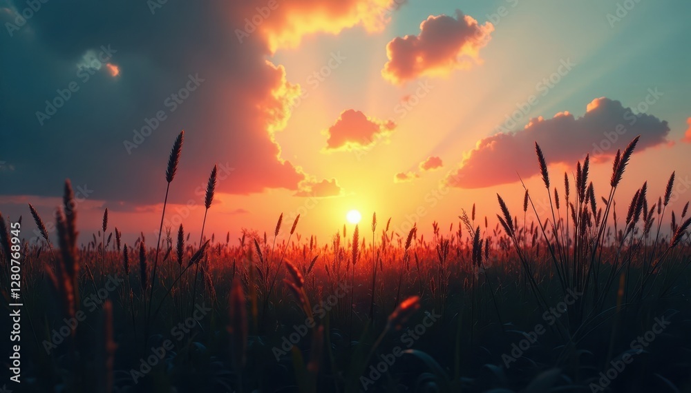 Fototapeta premium Dark, tall grass silhouettes against bright sky, sunrise, twilight