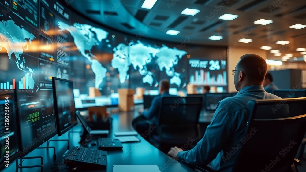 Sleek AI Driven Logistics Control Room Monitoring Global Supply Chains on Digital Walls