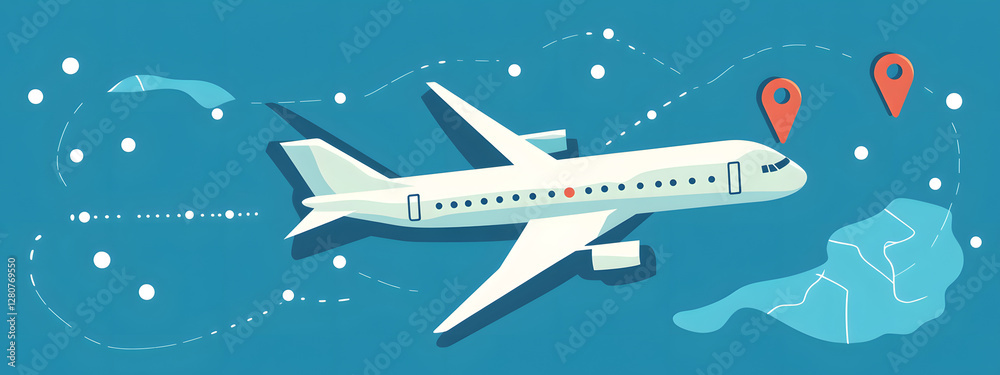 Fototapeta premium A simple vector graphic of an airplane flying, white dots on a blue background, and a red location pin 