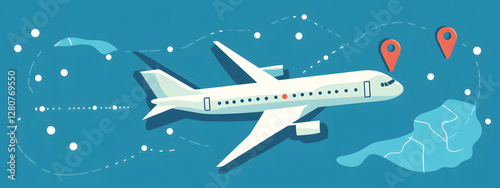 A simple vector graphic of an airplane flying, white dots on a blue background, and a red location pin
