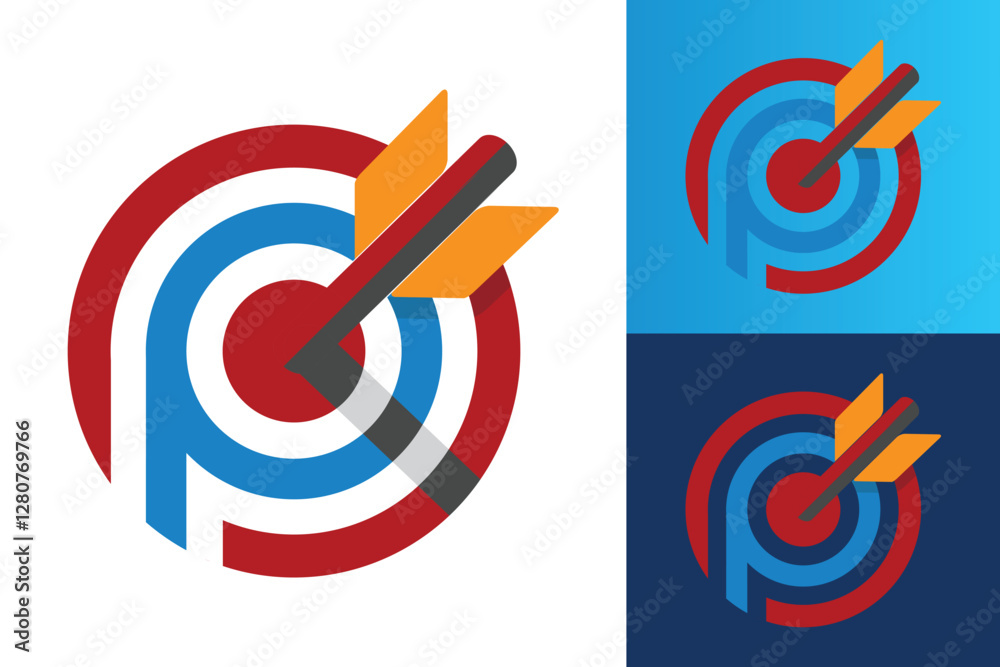 The image shows a flat monogram logo design of an initial letter OP in red and blue with an orange arrow pointing at the middle that looks clean and modern on a white background. The image shows a flat monogram logo design of an initial letter OP in red and blue with an orange arrow pointing at the middle that looks clean and modern on a white background.