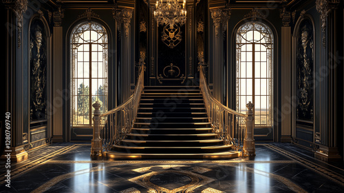 Dark, black and gold baroque interior design palace entrance hall background