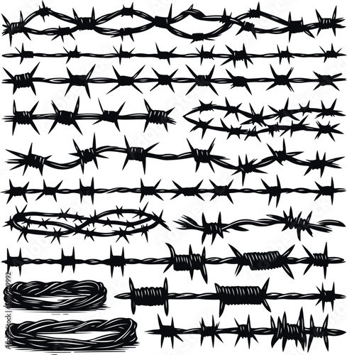 Trendy Minimal Barbed wire Set Collection In Geometric Silhouette vector Style, Silhouette Style