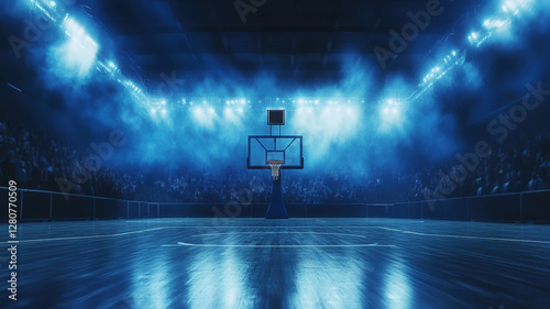 A low-angle shot of a basketball court in a vast arena, with the focus on the basketball rim, while the blurred crowd and dark blue mist on the court add a sense of depth and atmosphere.