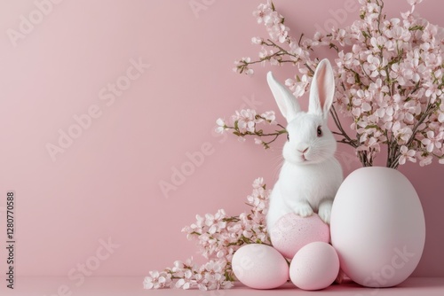 Easter bunny rabbit playing with pink painted egg on pink background. Easter concept, April holiday wallpaper. Copy space.