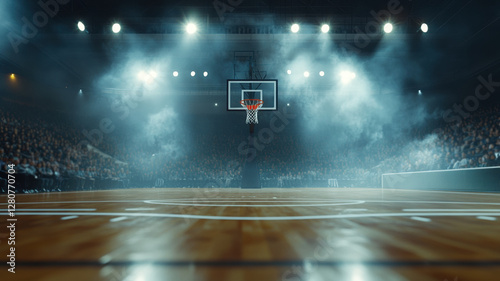 A low-angle shot of a basketball court in a vast arena, with the focus on the basketball rim, while the blurred crowd and dark blue mist on the court add a sense of depth and atmosphere.