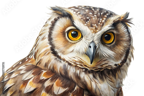 Realistic owl portrait, vibrant feathers, striking yellow eyes, wildlife art, nature illustration, animal close-up.