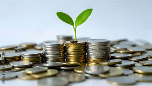 A small tree grows from a pile of coins, symbolizing finance and growth. and the connection between nature and finance.