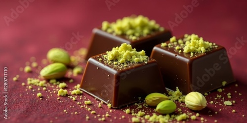 Luxurious Dark Chocolate Squares Topped with Pistachio Crumble and Whole Pistachios on a Deep Red Surface