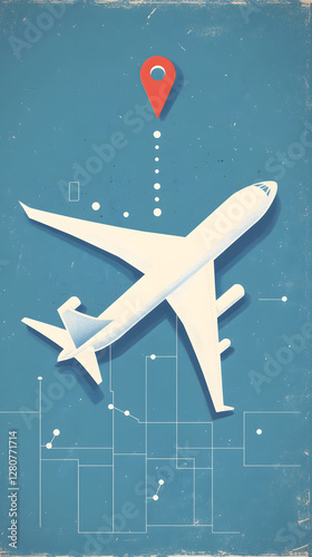A simple vector graphic of an airplane flying, white dots on a blue background, and a red location pin
