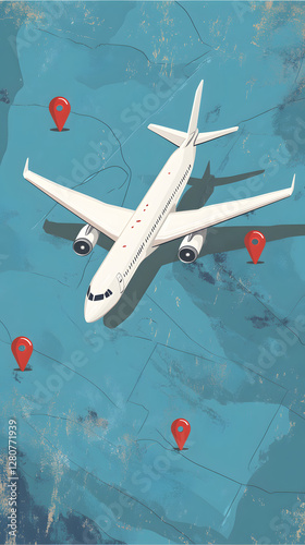 A simple vector graphic of an airplane flying, white dots on a blue background, and a red location pin

