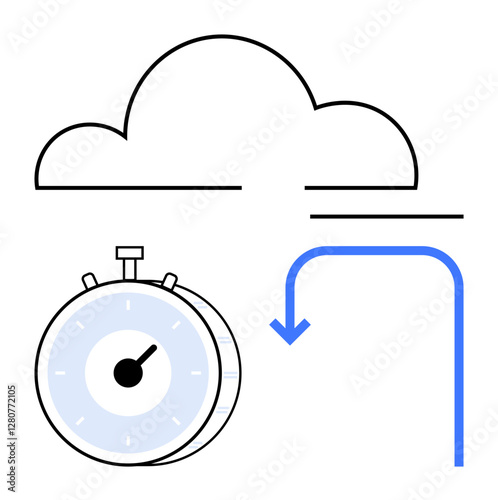 Stopwatch tracking time below cloud with arrow pointing downward to indicate download or transfer. Ideal for efficiency, data management, cloud services, speed, technology, functionality, abstract