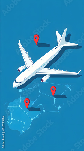 A simple vector graphic of an airplane flying, white dots on a blue background, and a red location pin

