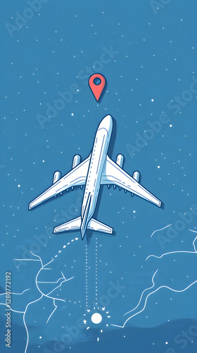 A simple vector graphic of an airplane flying, white dots on a blue background, and a red location pin
