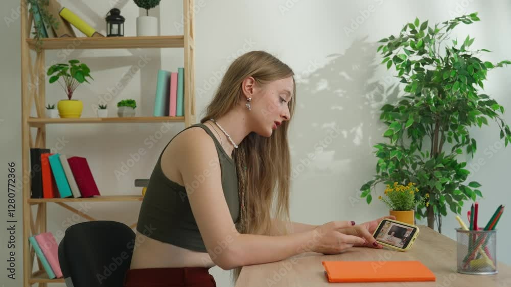 Woman college student studying at home, watching lesson online on smartphone sits at desk, teacher and classmates on screen, side shot. Modern online education. Woman college student studying at home, watching lesson online on smartphone sits at desk, teacher and classmates on screen, side shot. Modern online education.