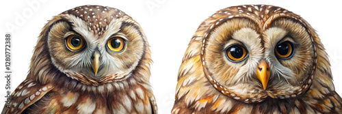 Realistic owl portraits, detailed feathers, vibrant eyes, wildlife art, nature illustration, artistic expression.