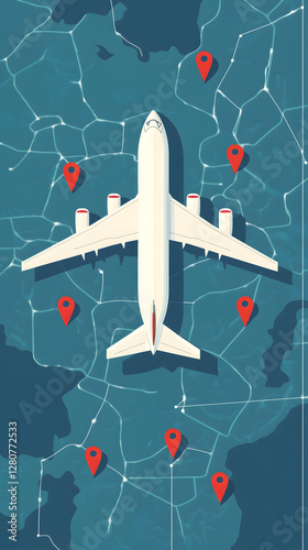 A simple vector graphic of an airplane flying, white dots on a blue background, and a red location pin
