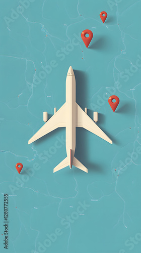 A simple vector graphic of an airplane flying, white dots on a blue background, and a red location pin
