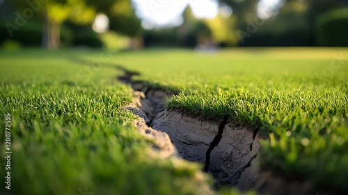 Large Crack in Green Grass Lawn, Close-up Earth Movement