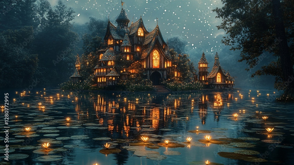 Obraz premium A mystical village floating on lily pads in a sparkling enchanted lake