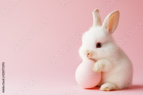 Easter bunny rabbit playing with pink painted egg on pink background. Easter concept, April holiday wallpaper. Copy space.