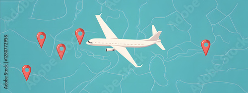 A simple vector graphic of an airplane flying, white dots on a blue background, and a red location pin
