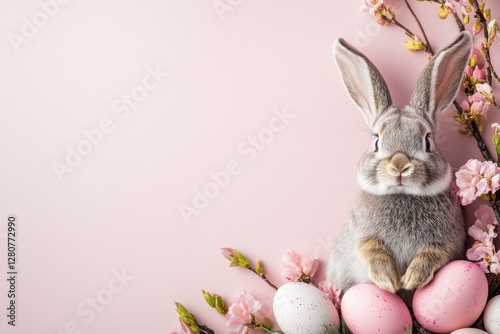Easter bunny rabbit playing with pink painted egg on pink background. Easter concept, April holiday wallpaper. Copy space.