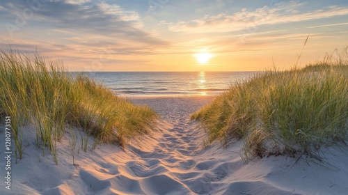 Pathway through sand dunes leading to a calm beach at sunset peaceful coastal scene