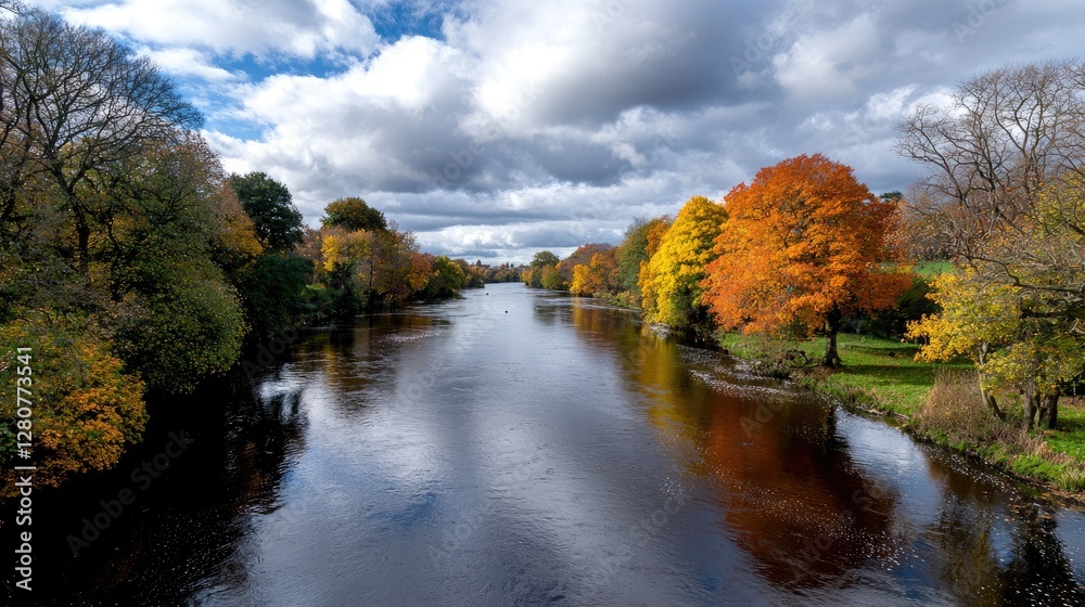 Fototapeta premium Autumn River Landscape Colorful trees reflected in calm water, cloudy sky