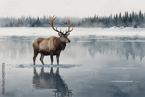 A caribou standing on a frozen lake in watercolor style