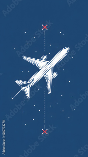 A simple vector graphic of an airplane flying, white dots on a blue background, and a red location pin
