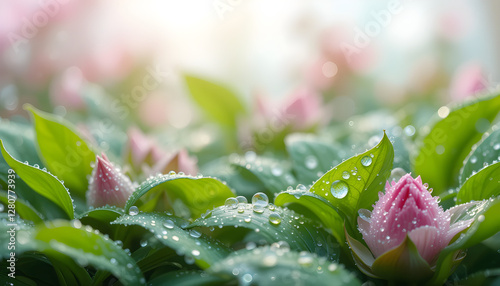 A serene depiction of dewdrops on fresh leaves and petals, symbolizing the tranquility and abundance of nature's morning beauty, isolated on a transparent background.
