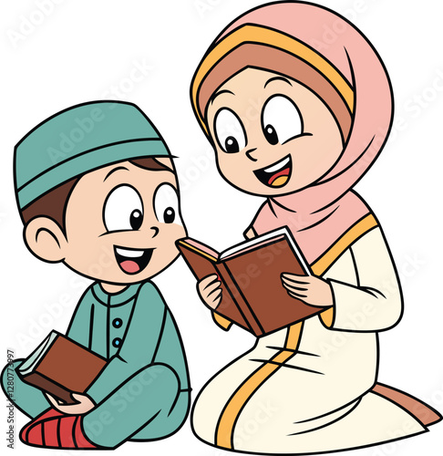 A cheerful Ramdhan brother and sister Muslim cartoon character 