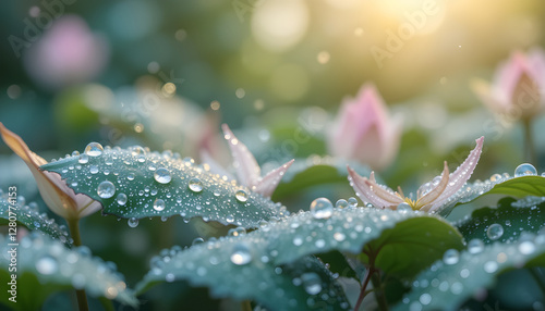 A serene depiction of dewdrops on fresh leaves and petals, symbolizing the tranquility and abundance of nature's morning beauty, isolated on a transparent background.
