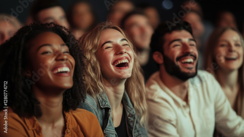 A diverse group of people from various backgrounds, laughing and enjoying a comedy show together, sharing moments of joy and genuine amusement in a lively, fun atmosphere.